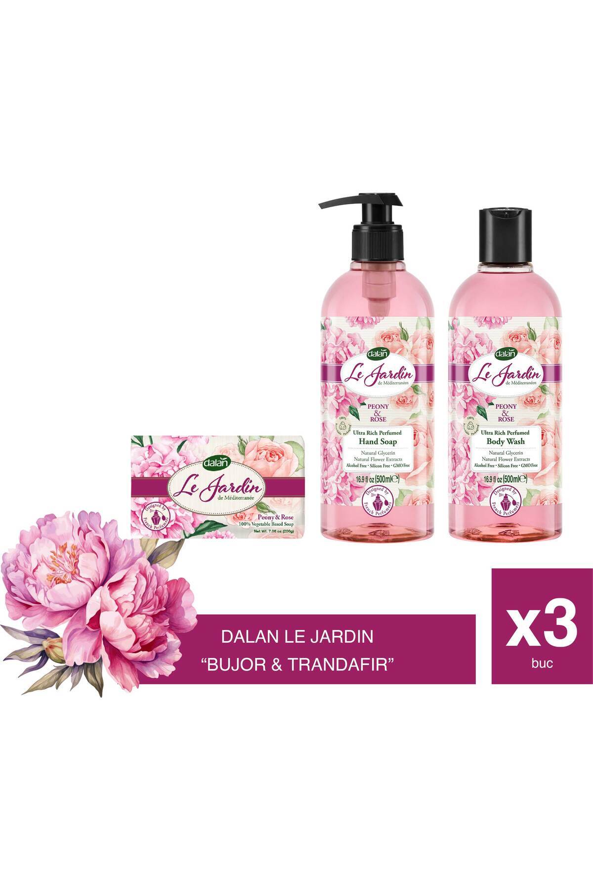 Dalan Set Le Jardin Trandafir 3 În 1 – Săpun Solid, Săpun Lichid Și Gel De Duș Cu Aromă De Trandafir Unisex - One Size