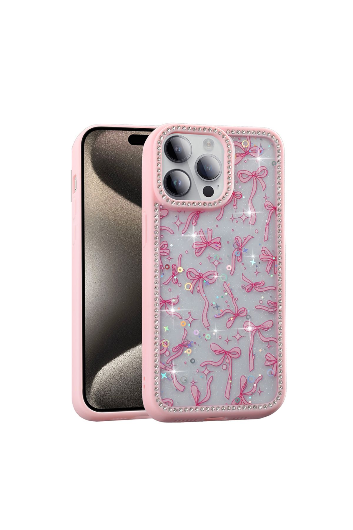m.tk moveteck İphone 14 Pro Max Kılıf Kelebek Pink Fiyonk Desenli Yumuşak Simli Taşlı Kenarlı Kamera Korumalı Kap