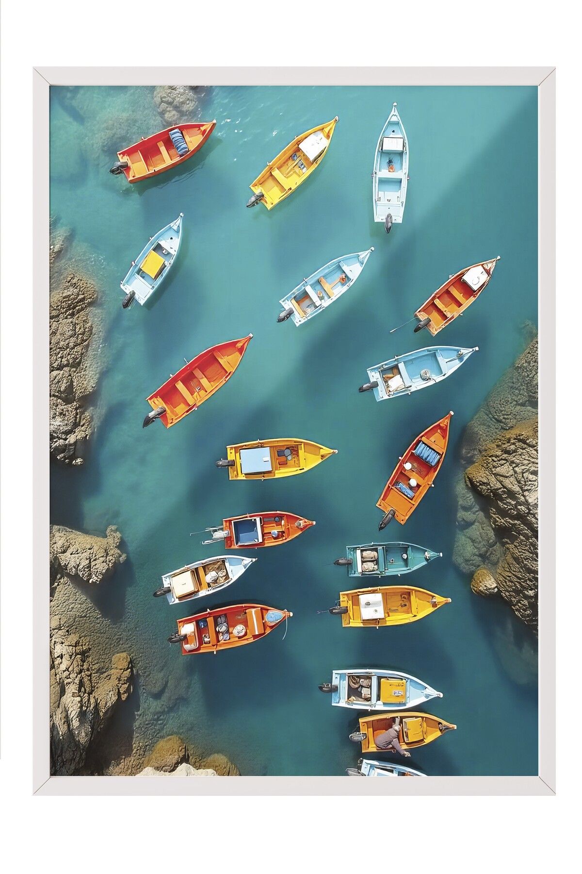 Postifull Beyaz Çerçeveli Poster Tablo, Renkli Sandallar, Fotoğraf, Maximalist, Mavi Renk Poster, 2025 Yaz Seç