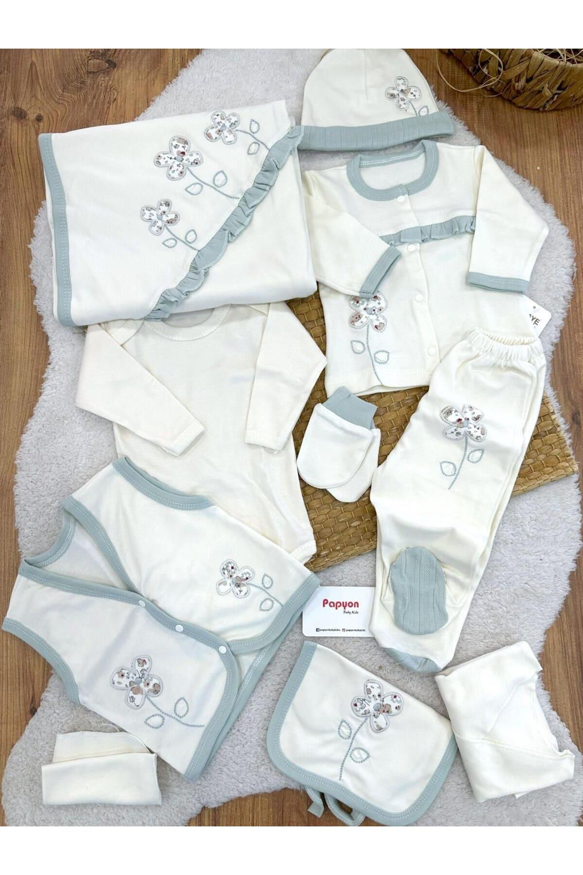 Papyon Baby Kids Çiçek Nakışlı Fırfırlı Yenidoğan Kız Bebek 10lu Zıbın Set Hastane Çıkışı