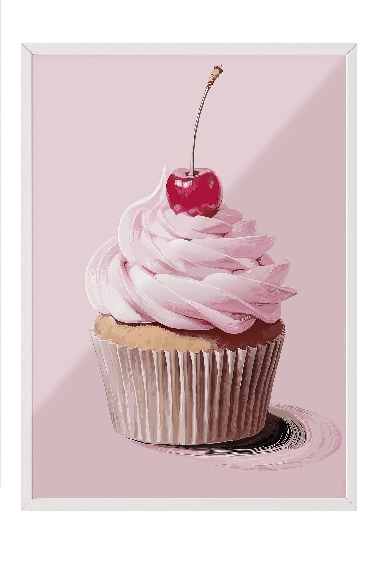 Postifull Beyaz Çerçeveli Tablo, Kek, Kiraz, illüstrasyon, Pembe, Pastel Tonlar Renk Poster, 2025 Yaz Seçkisi,