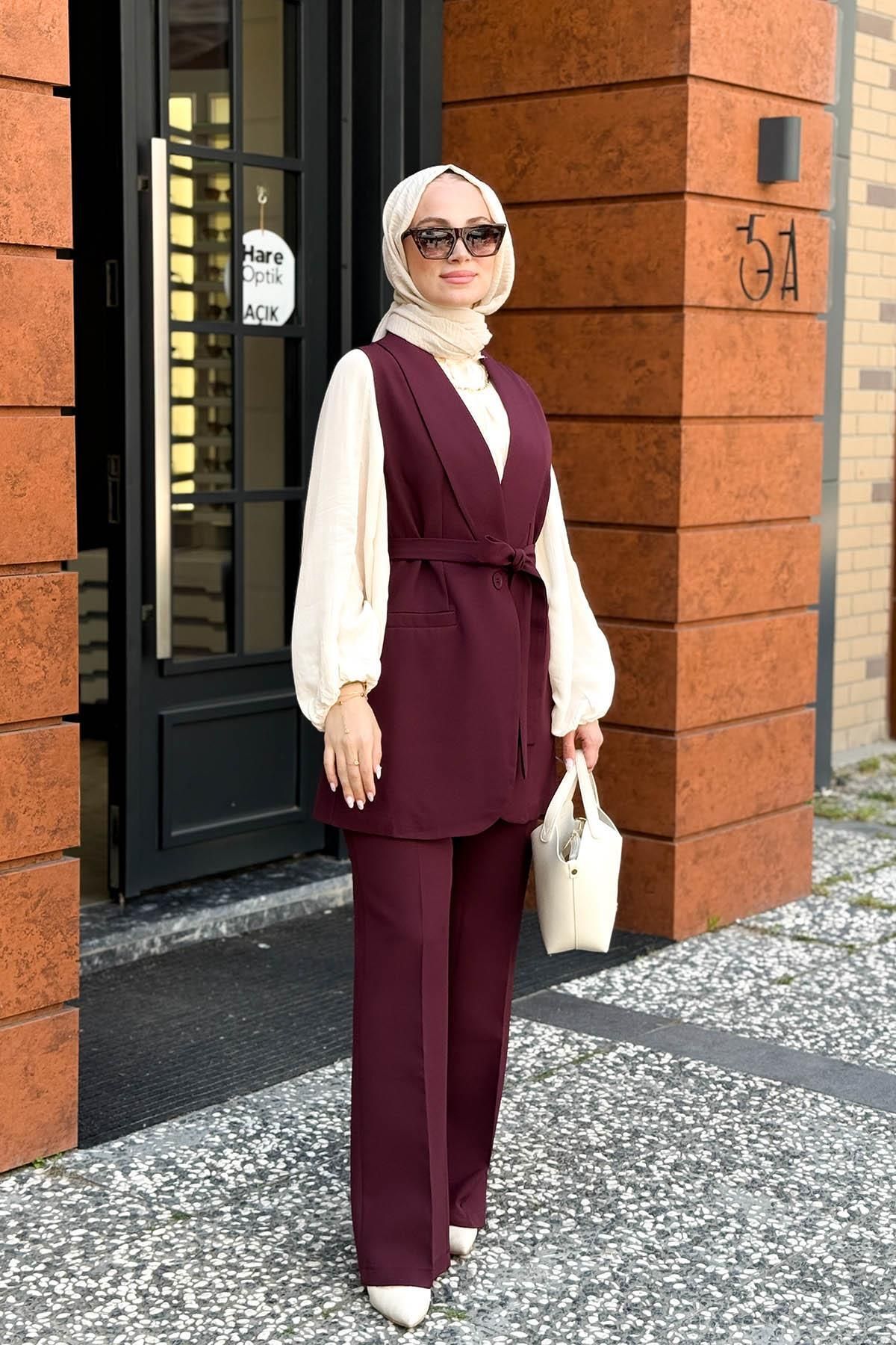 MERVE KAYKISIZ Yelek Pantolon Takım Bordo