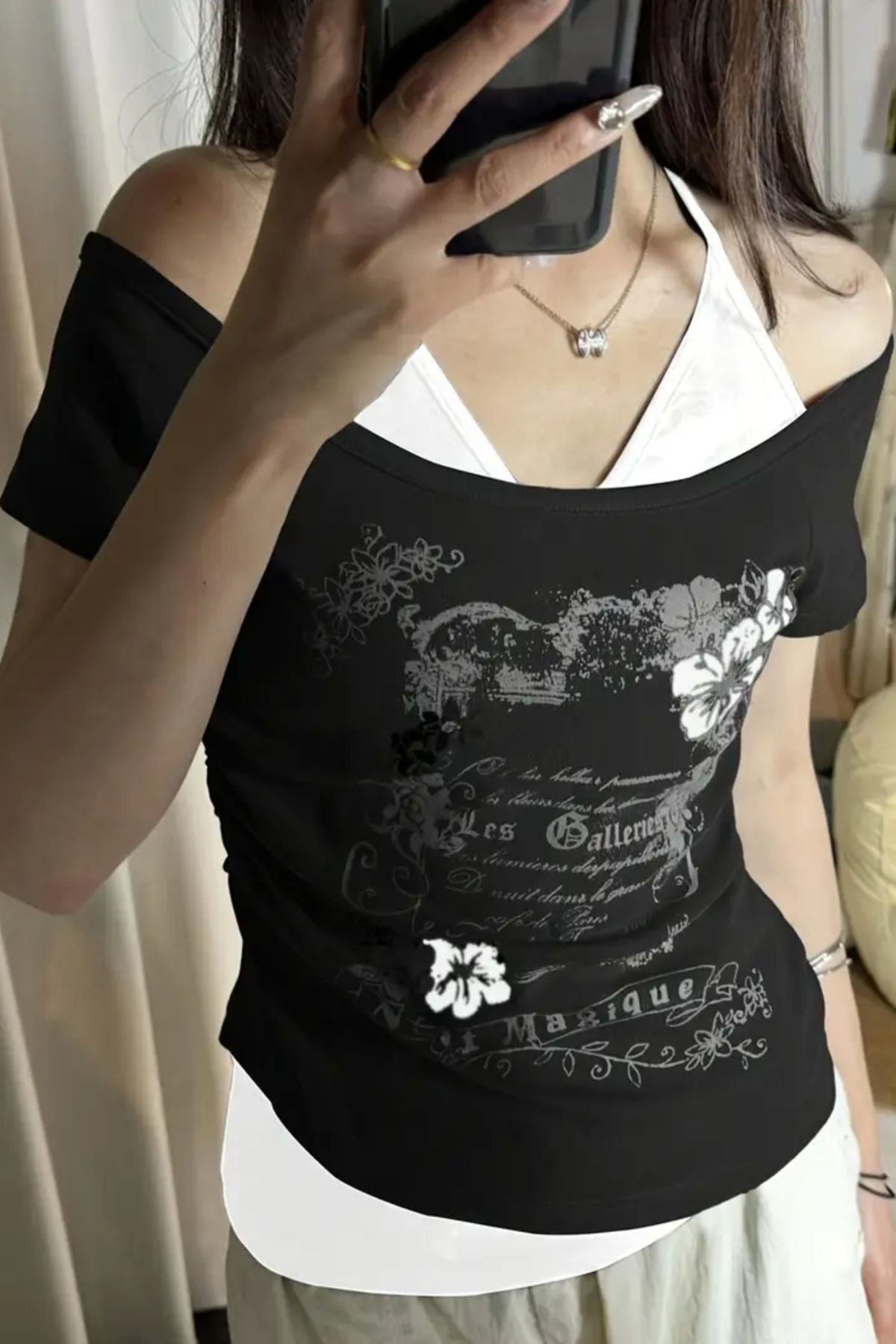 Köstebek Siyah Nuit Magique Madonna Yaka Ek Askılı Y2K Kısa Kollu Full Body Crop T-Shirt
