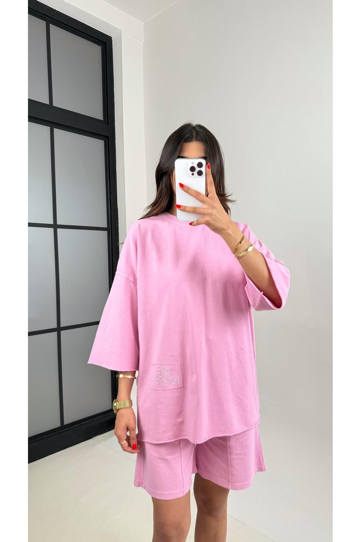 Gaus Pembe Eskitme Desenli Taş Yazılı Şortlu Takım Gaus00482