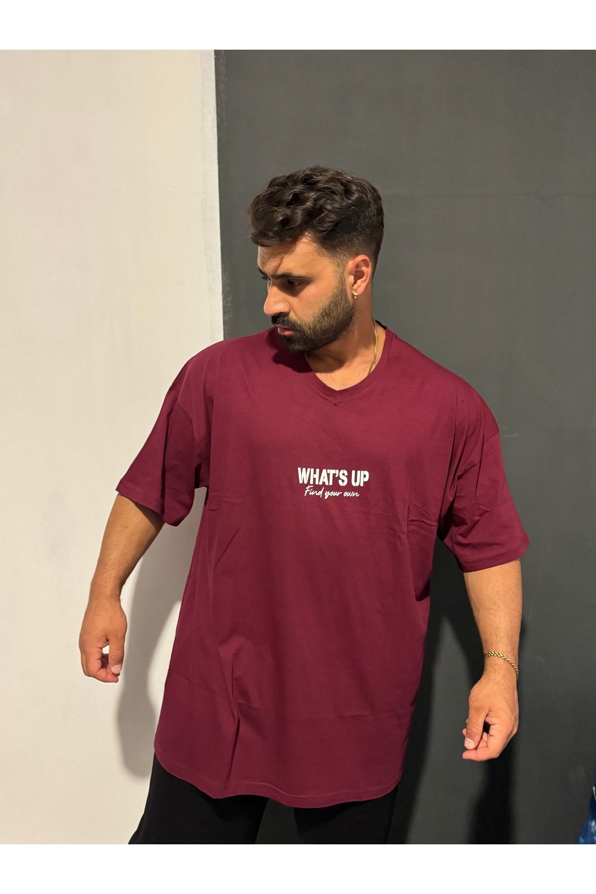 Bas Body FitnessWear Bordo V Yaka Battal Beden Penye Tişört