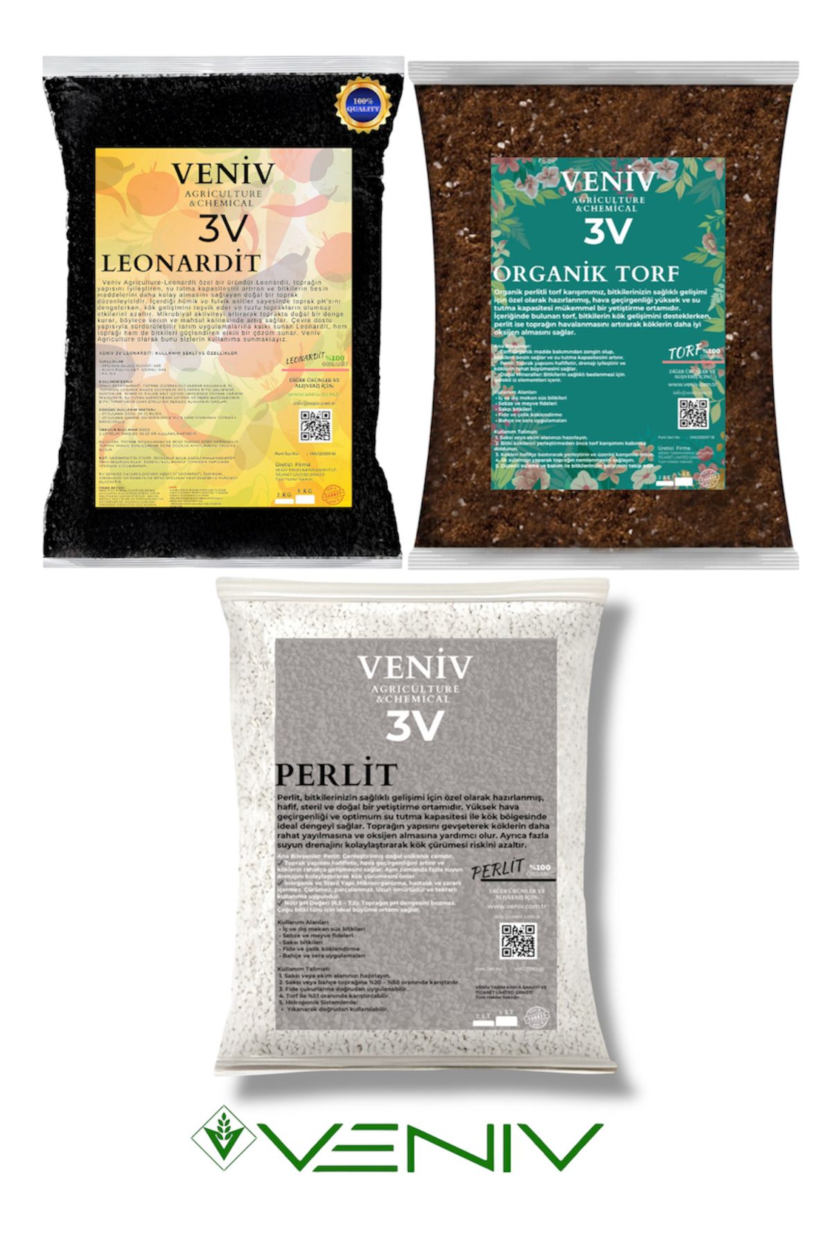 VENİV AGRİCULTURE 3V En Etkili Bitki Gelişim Seti- Leonardit(2kg)+Perlit(2L)+Torf(2L)