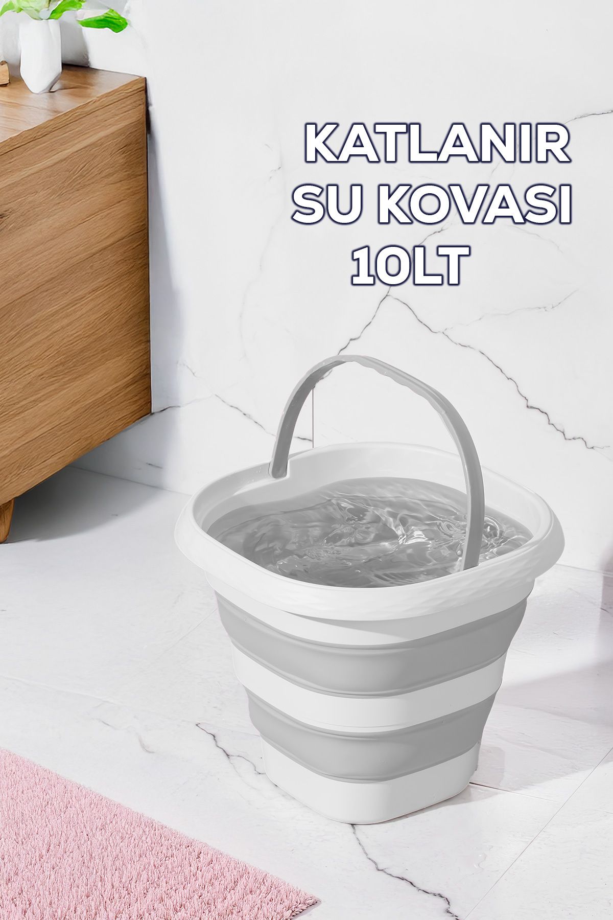 Porsima 1175 Damla Katlanabilir Silikon Su Kovası 28x30cm Banyo Balkon Temizlik Kovası 10 Lt - Gri Beyaz