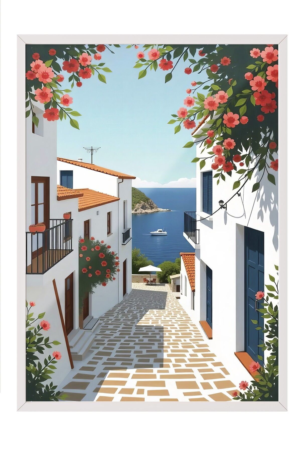 Postifull Beyaz Çerçeveli Poster Tablo, Denize Giden Yol, Fotoğraf, Mavi Renk Poster, 2025 Yaz Seçkisi, NO:109