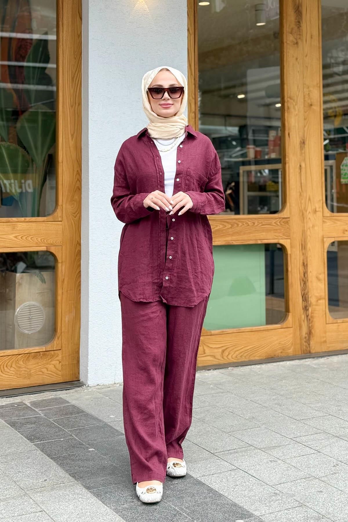 MERVE KAYKISIZ Keten Cepli Palazzo Takım Bordo