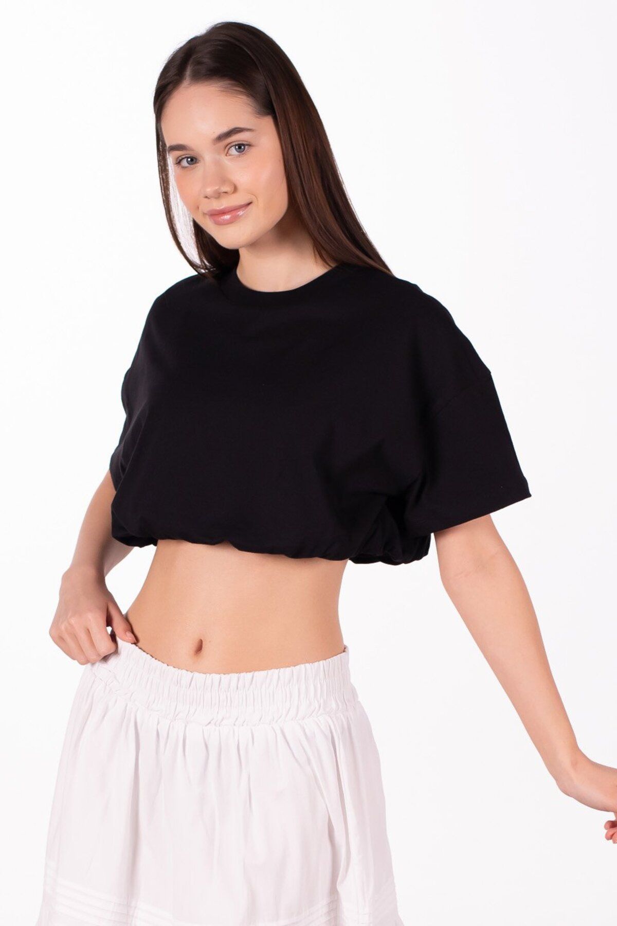 BARRELS AND OIL Kısa Kollu Crop Balon T-Shirt - Siyah