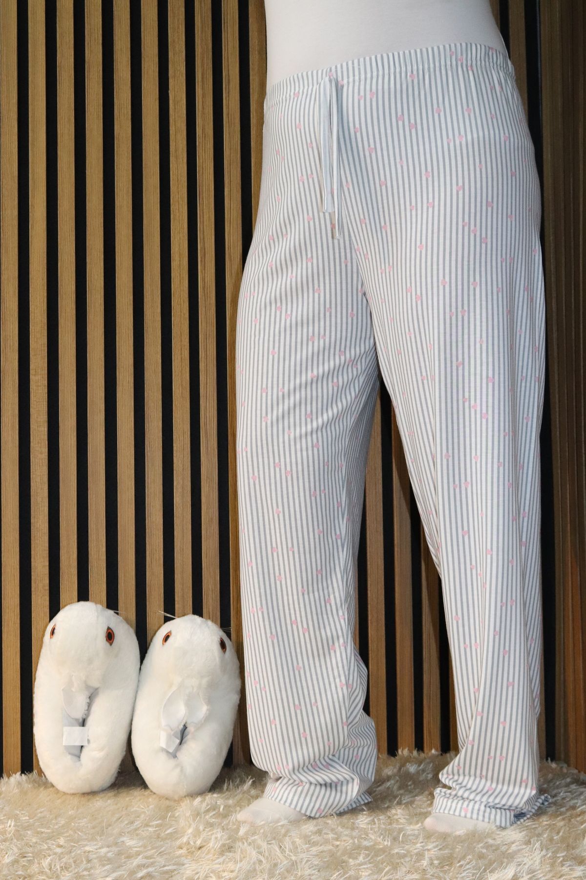 MODA Pembe Kalpli Gri Çizgili Bel Detaylı Lastikli Pijama Altı