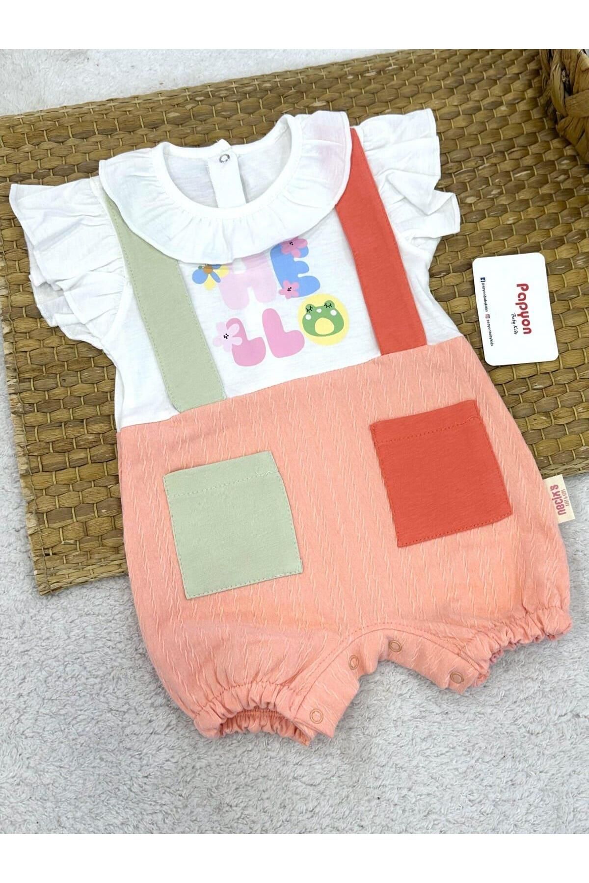 Papyon Baby Kids Hello Yakalı Cepli Kız Bebek Şort Tulum (3-6/6-9/9-12 Ay)