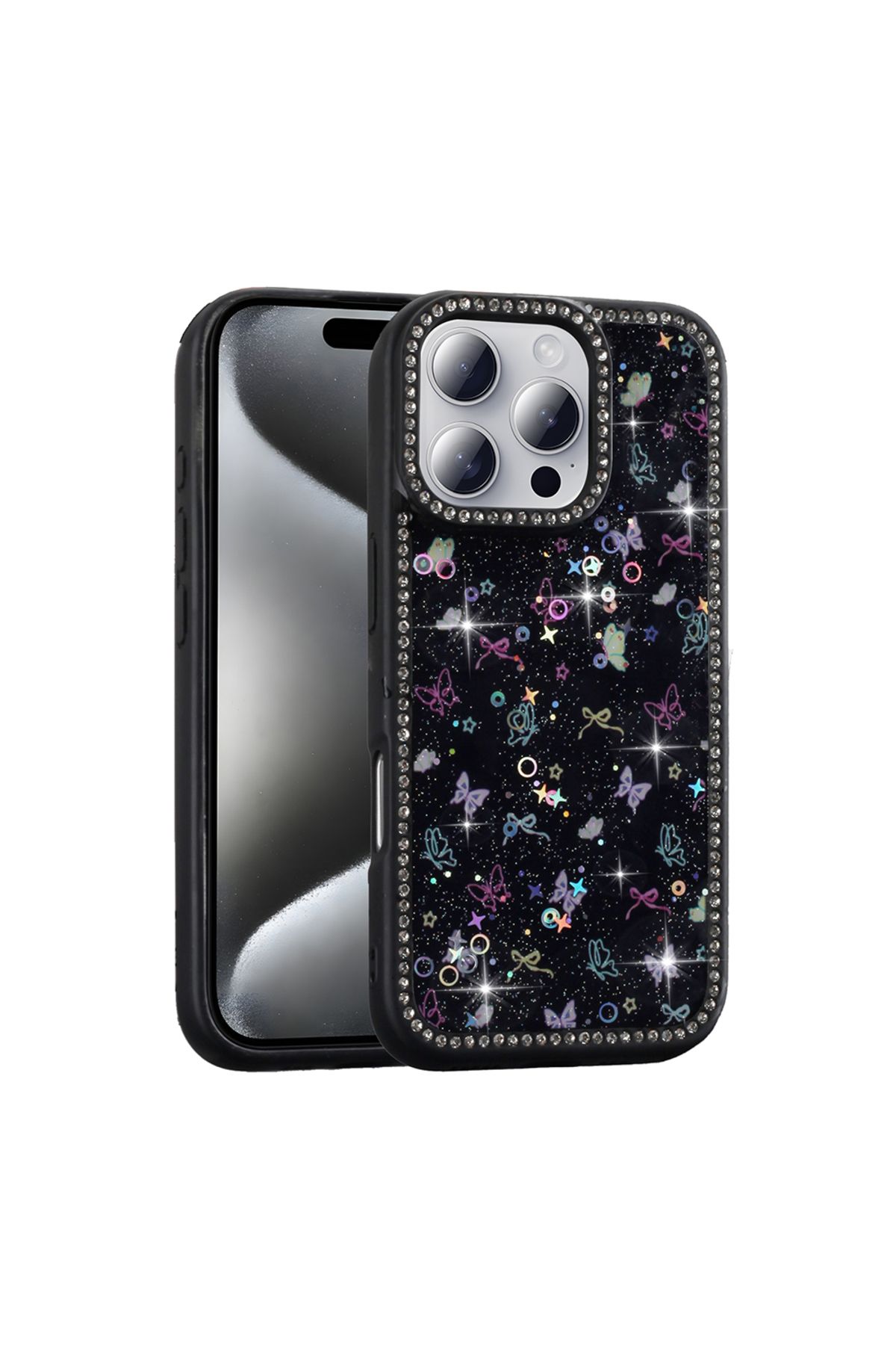m.tk moveteck İphone 16 Pro Max Kılıf Kelebek Pink Fiyonk Desenli Yumuşak Simli Taşlı Kenarlı Kamera Korumalı Kap