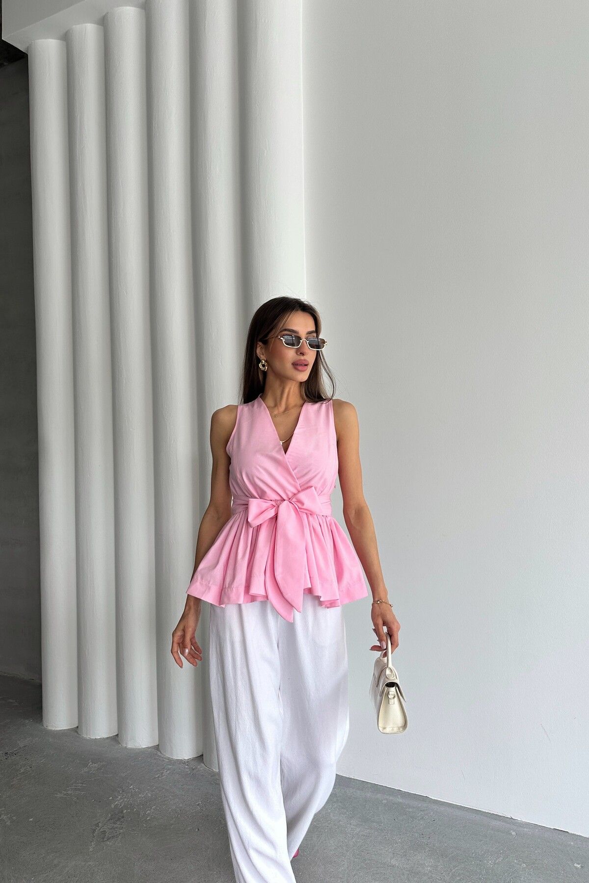 MAT Collection Kadın Pembe Beli Lastikli Kuşaklı Bluz