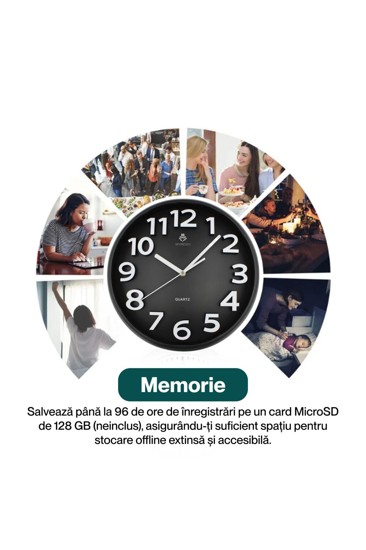 Spionescu-Spy camera in wall clock, C8, Full HD, Wi-Fi, motion detection, 24/7 recording, 90° wide angle 6