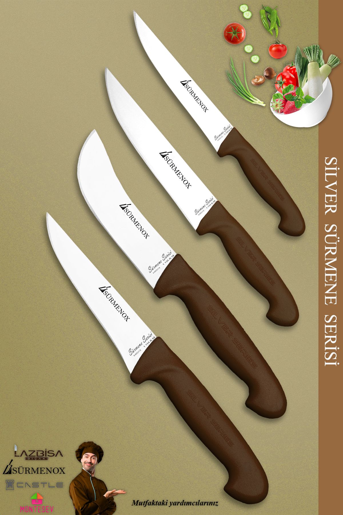 SÜRMENOX Sürmene Silver Serisi Kahve Sap Mutfak Bıçak Seti Et Ekmek Sebze Dilimleme Bıçağı 4 Lü Set (srm-027)