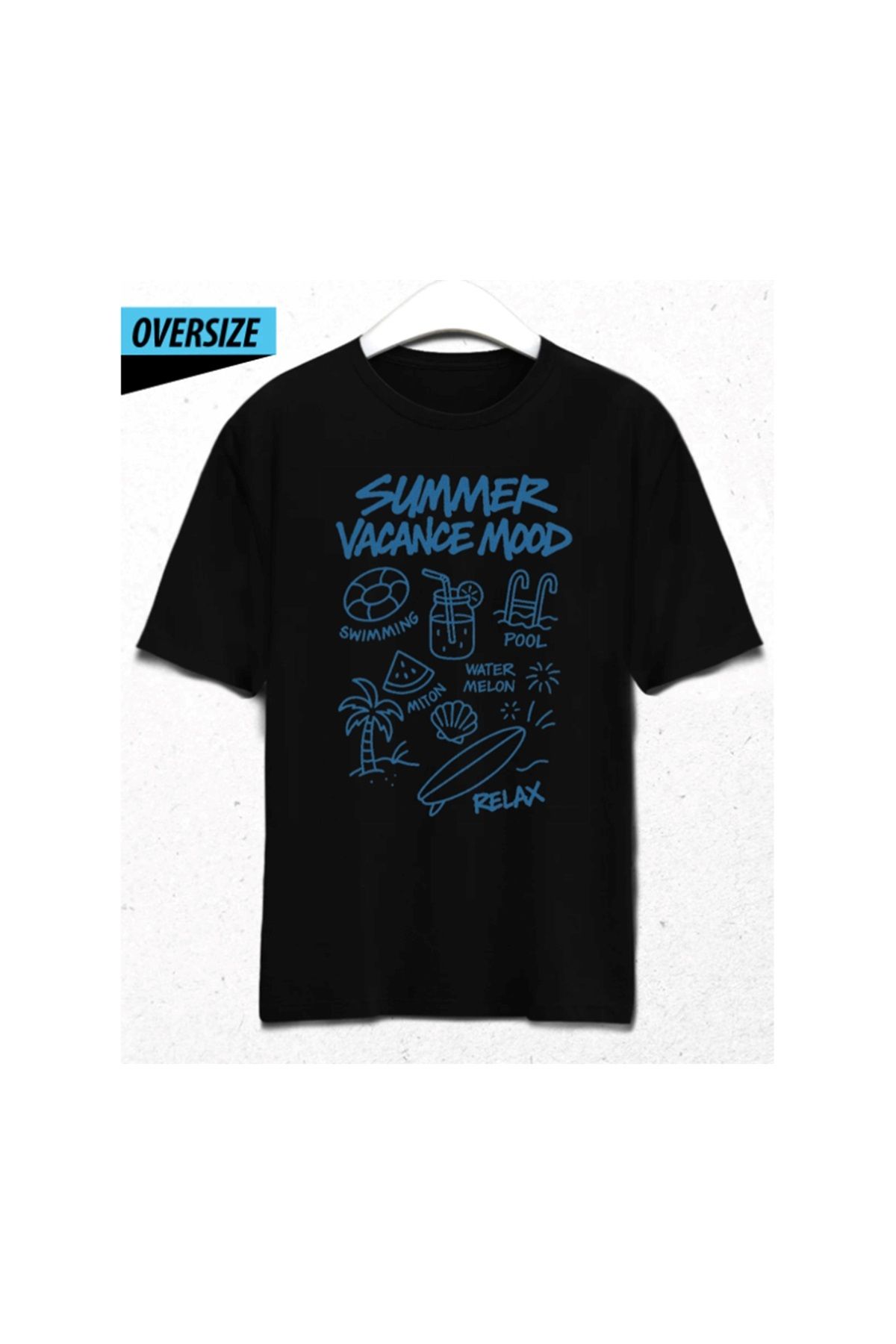 HENA DİZAYN Summer Vacance Mood Oversize Unisex T-Shirt Siyah