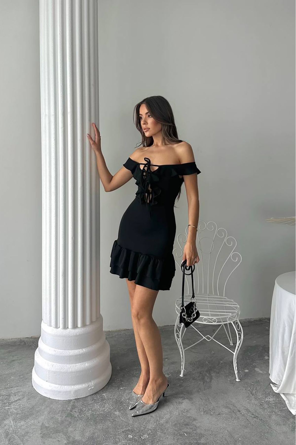 Neşeli Butik kadın likralı bağcık detaylı mini elbise NBDF041