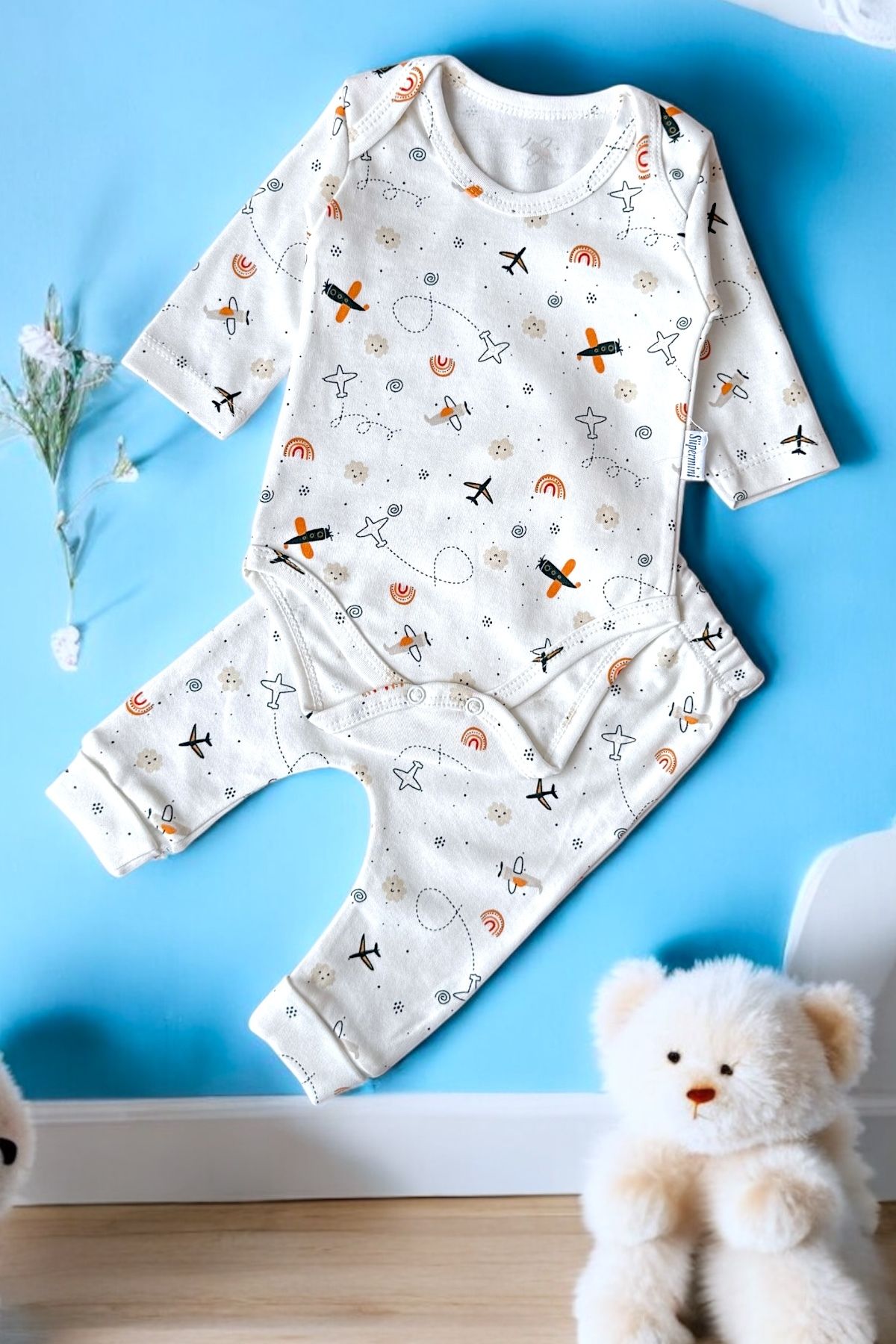 Süpermini %100 PAMUKLU UÇAK DESEN 2'Lİ BODY - ZIBIN BEBE TAKIM