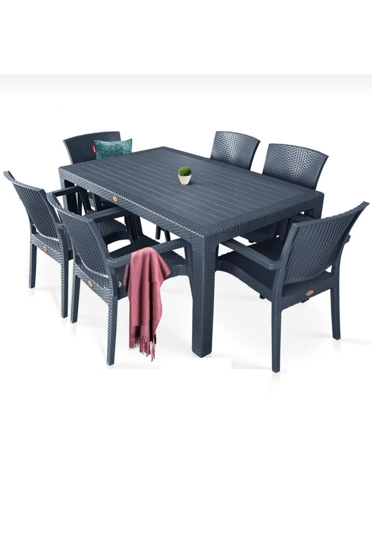 holzwelt 6 Kişilik Bahçe Balkon Takımı Rattan Masa Takımı Plastik Masa Sandalye 90x150 Camsız
