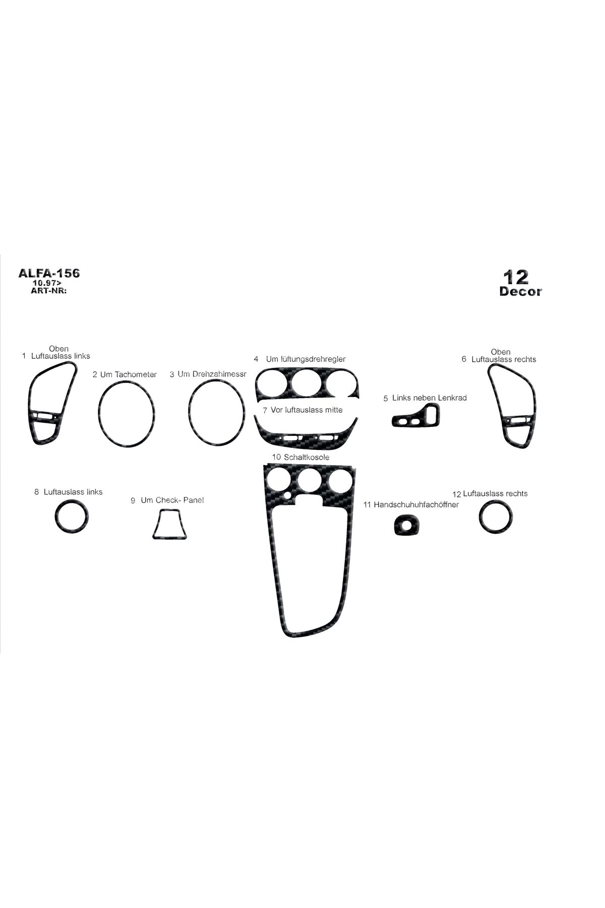 Marscockpitdesign Alfa 156 Konsol-Torpido Kaplama 1997 12 Parça Uyumlu