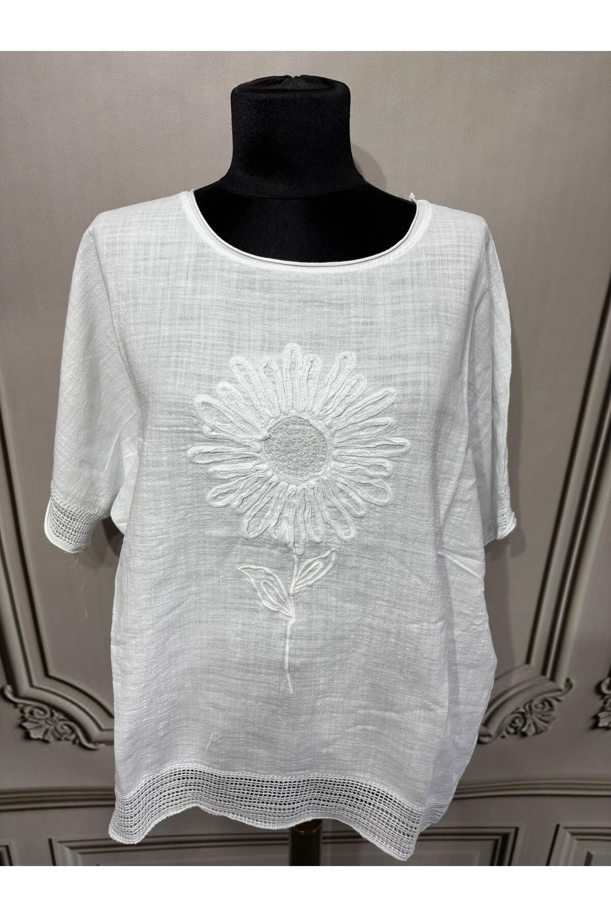 AGORATEKSTİL Kadın Oversize Kabartmalı Fileli %100 Keten Bluz