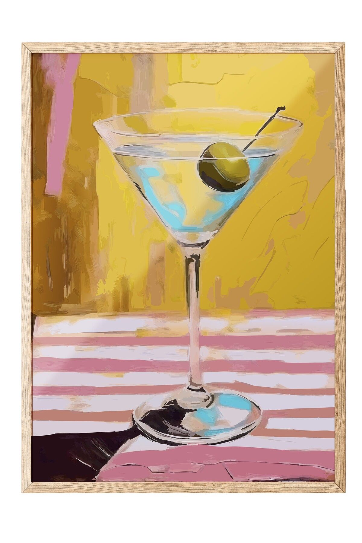 Postifull Ahşap Çerçeveli Tablo, Martini bardağı, Zeytin, Masa örtüsü, Acrylic Painting, Sarı, Pembe Renk Post