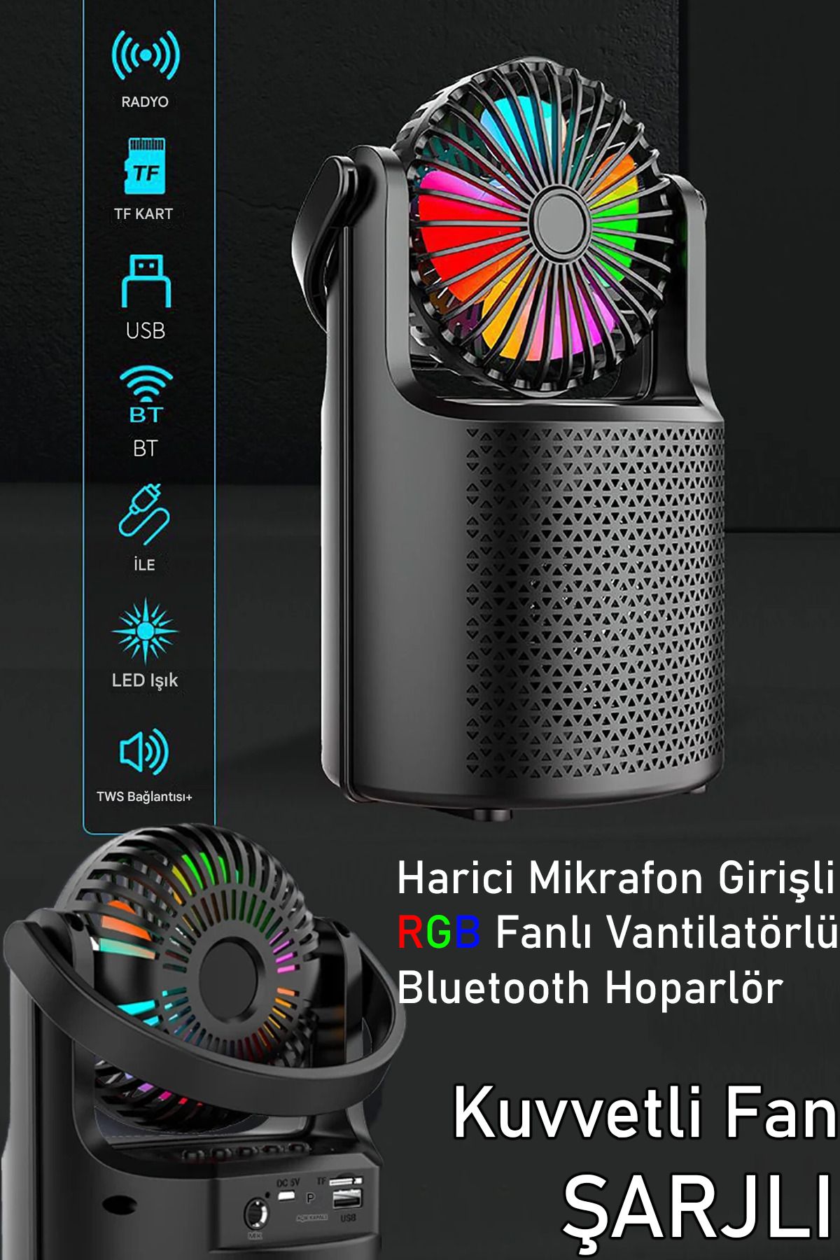nextbuy Bluetooth Hoparlör Şarjlı Mikrafon Girişli 180° Oynar Fanlı Işıklı Ses Bombası Radyo Usbli ZQS1440