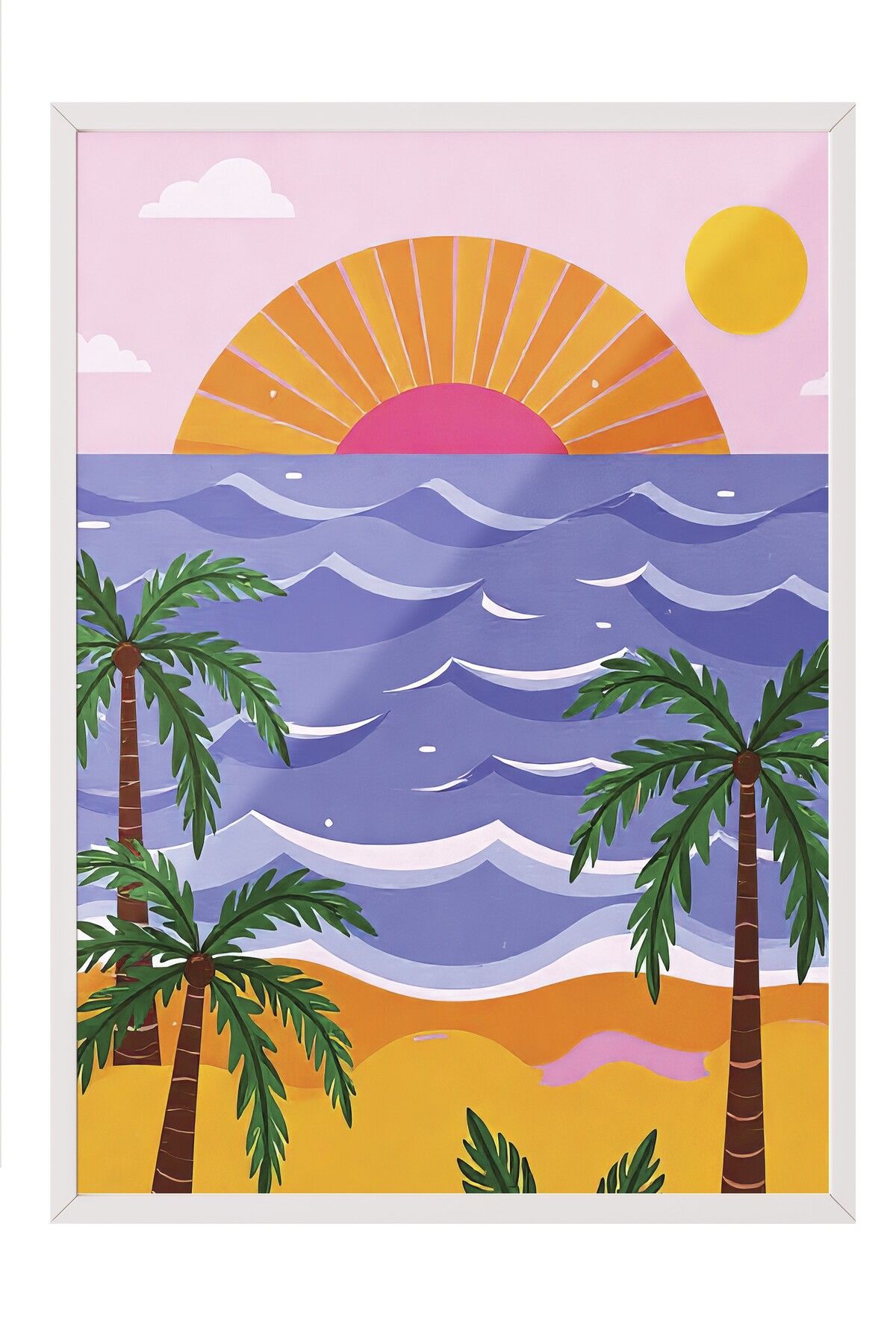 Postifull Beyaz Çerçeveli Tablo, Plaj Manzarası, İllüstrasyon, Maximalist, Pembe Renk Poster, 2025 Yaz Seçkisi