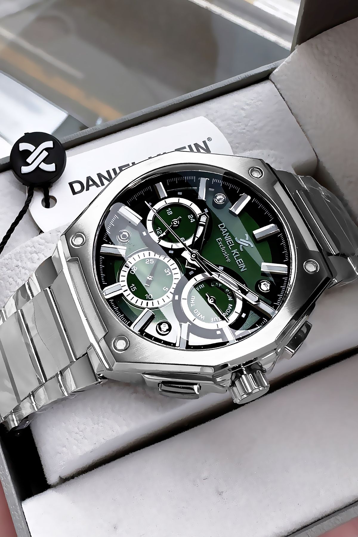 Daniel Klein Exclusive Erkek Kol Saati 3 Atm Su Geçirmez Gümüş Yeşil Renk Çelik Kordon Hediye Bileklik DKE2132C4