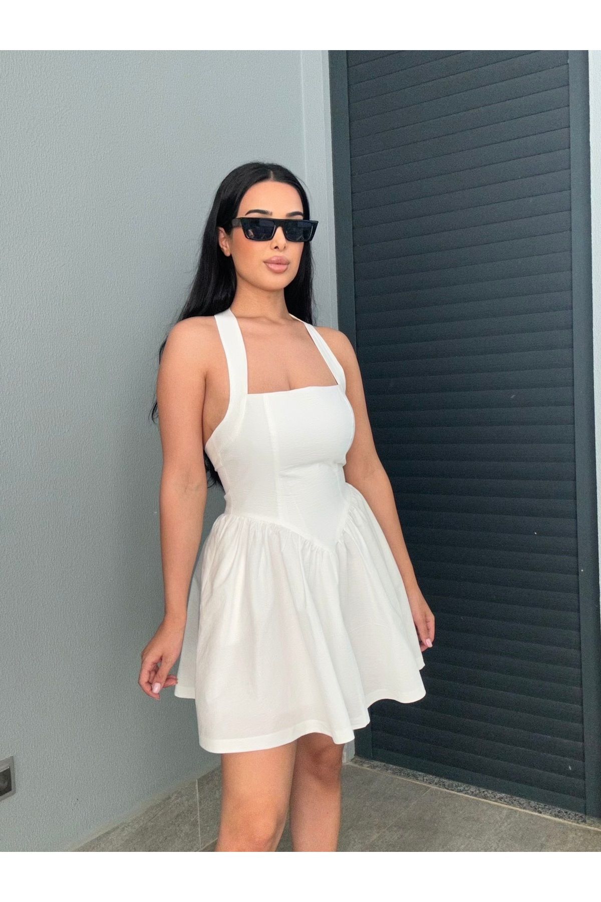 NurKaraBoutique Beyaz Volanlı Keten Elbise
