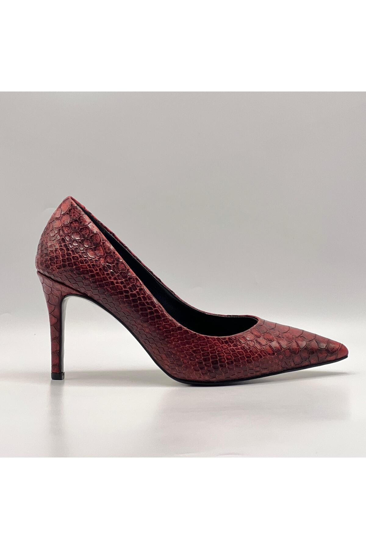 Ametist Nadia Bordo Yılan Baskılı Gerçek Deri Stiletto – 9 cm Topuk