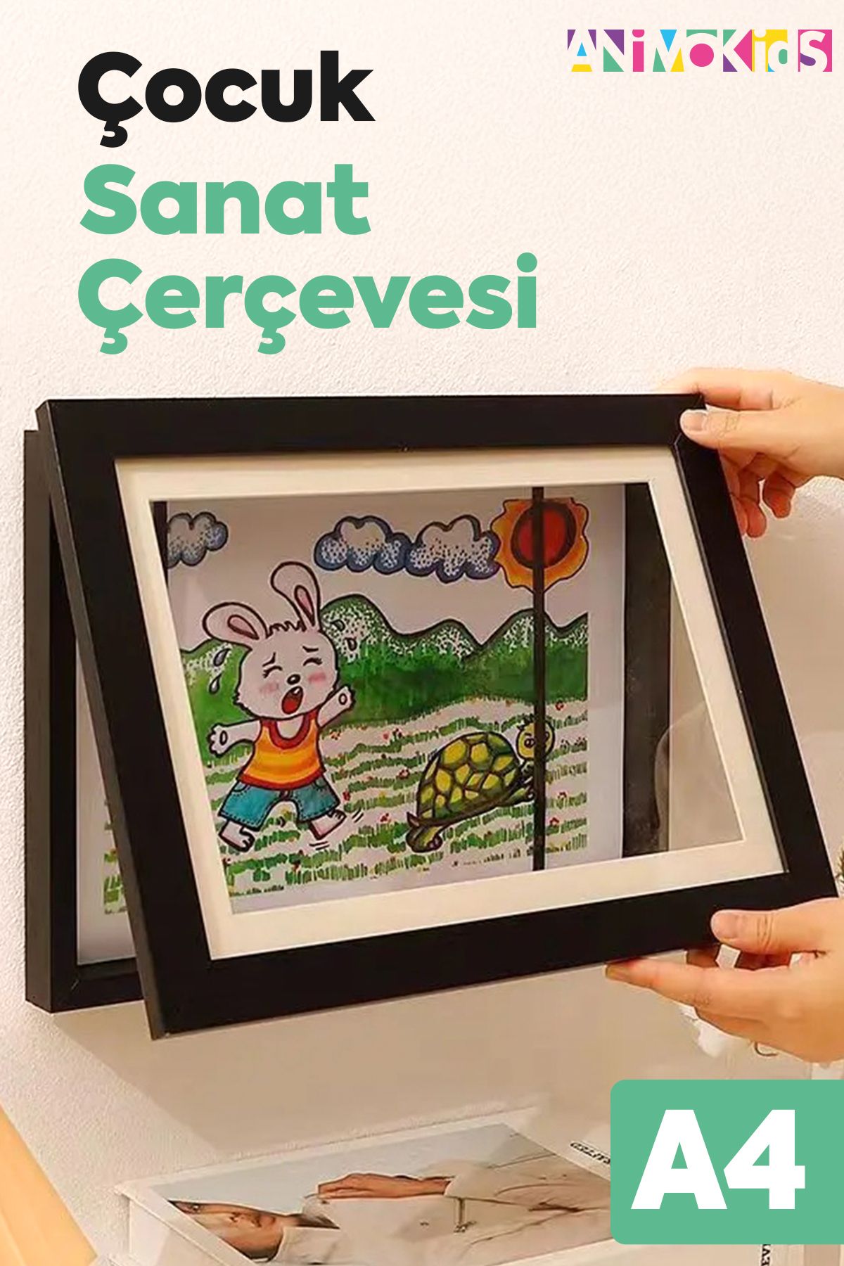 animokids Çocuklar İçin A4 Katlanır Sanat Resim Çerçevesi, Mıknatıslı Kapaklı Etkinlik Sergi Çerçevesi Beyaz