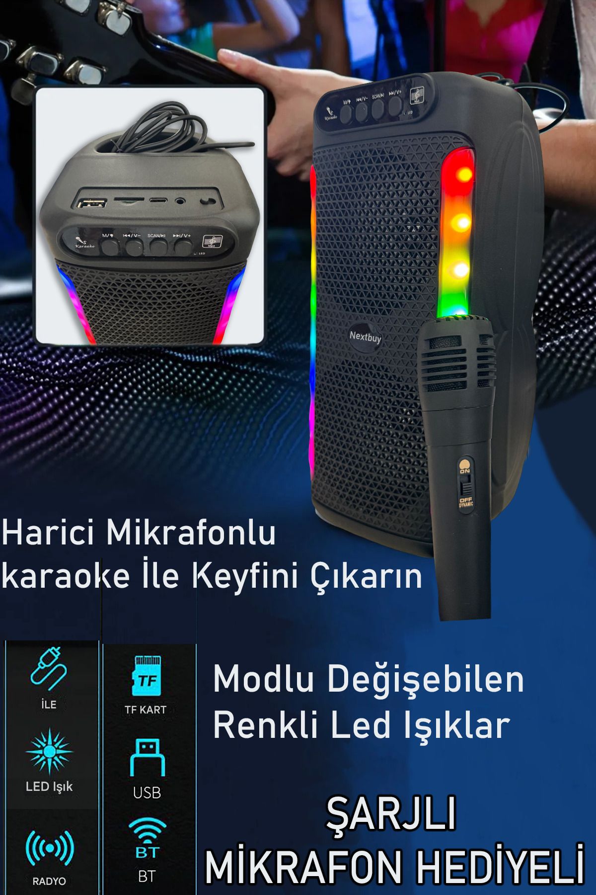 nextbuy Bluetooth Hoparlör Parti Karaoke Mikrofon Hediyeli Işıklı Ses Bombası Radyo Usb Sd Girişli PG4261