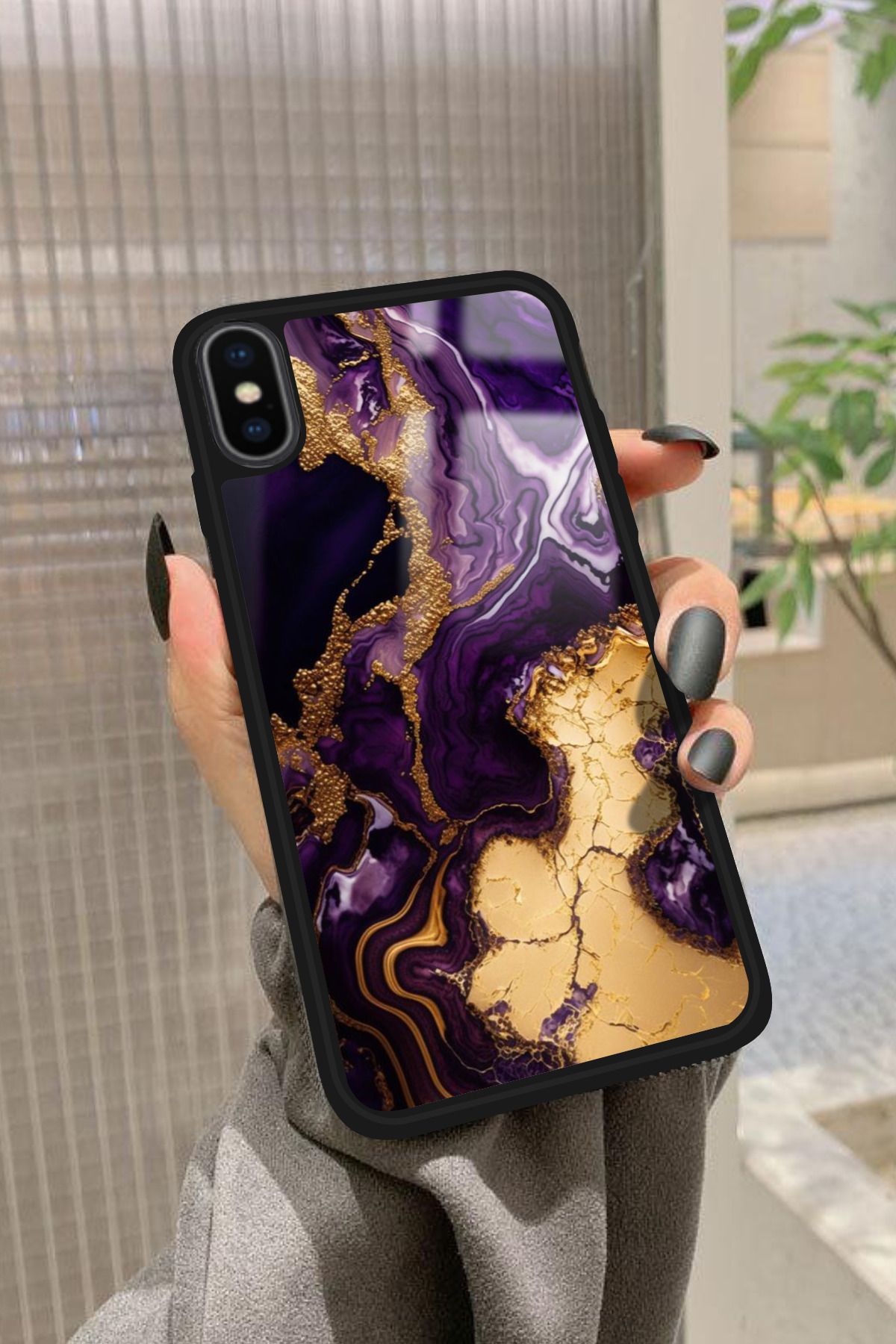 Snacase iPhone Xs Uyumlu Mor Mermer Tasarımlı Glossy Premium Kılıf