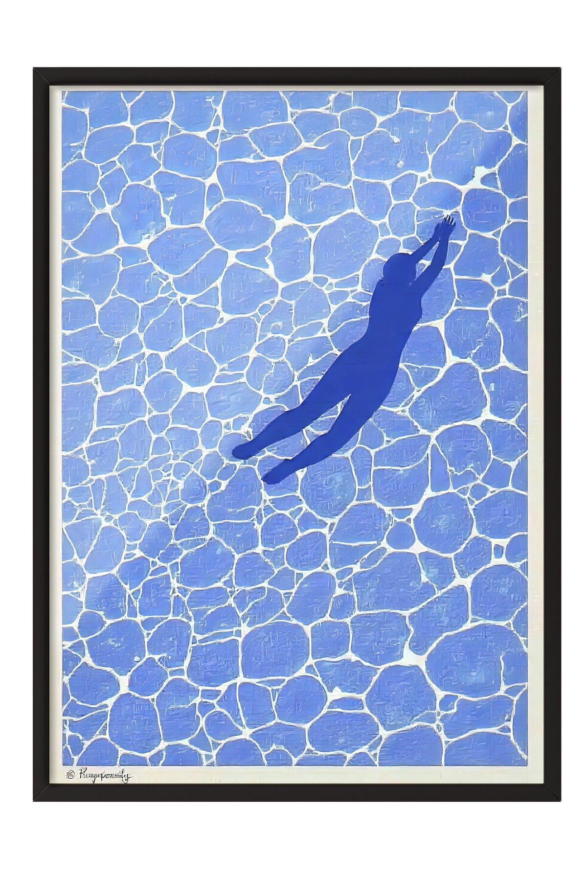 Postifull Siyah Çerçeveli Tablo, Yüzen Kadın Gölgesi, İllüstrasyon, Mavi Renk Poster, 2025 Yaz Seçkisi, NO:109
