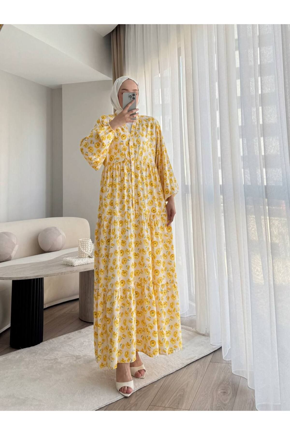 Qastel ÇİÇEK VE KİRAZ DESEN VİSKON KUMAŞ HARİKA ELBİSE