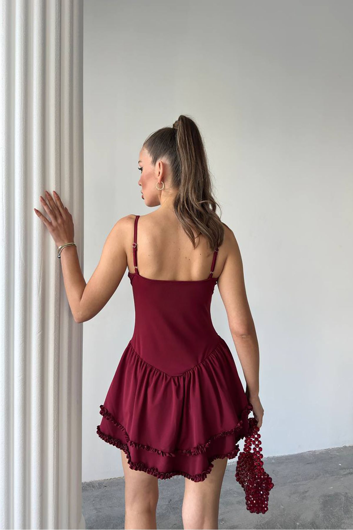 Neşeli Butik kadın gloplu fırfır detaylı mini elbise NBDF043