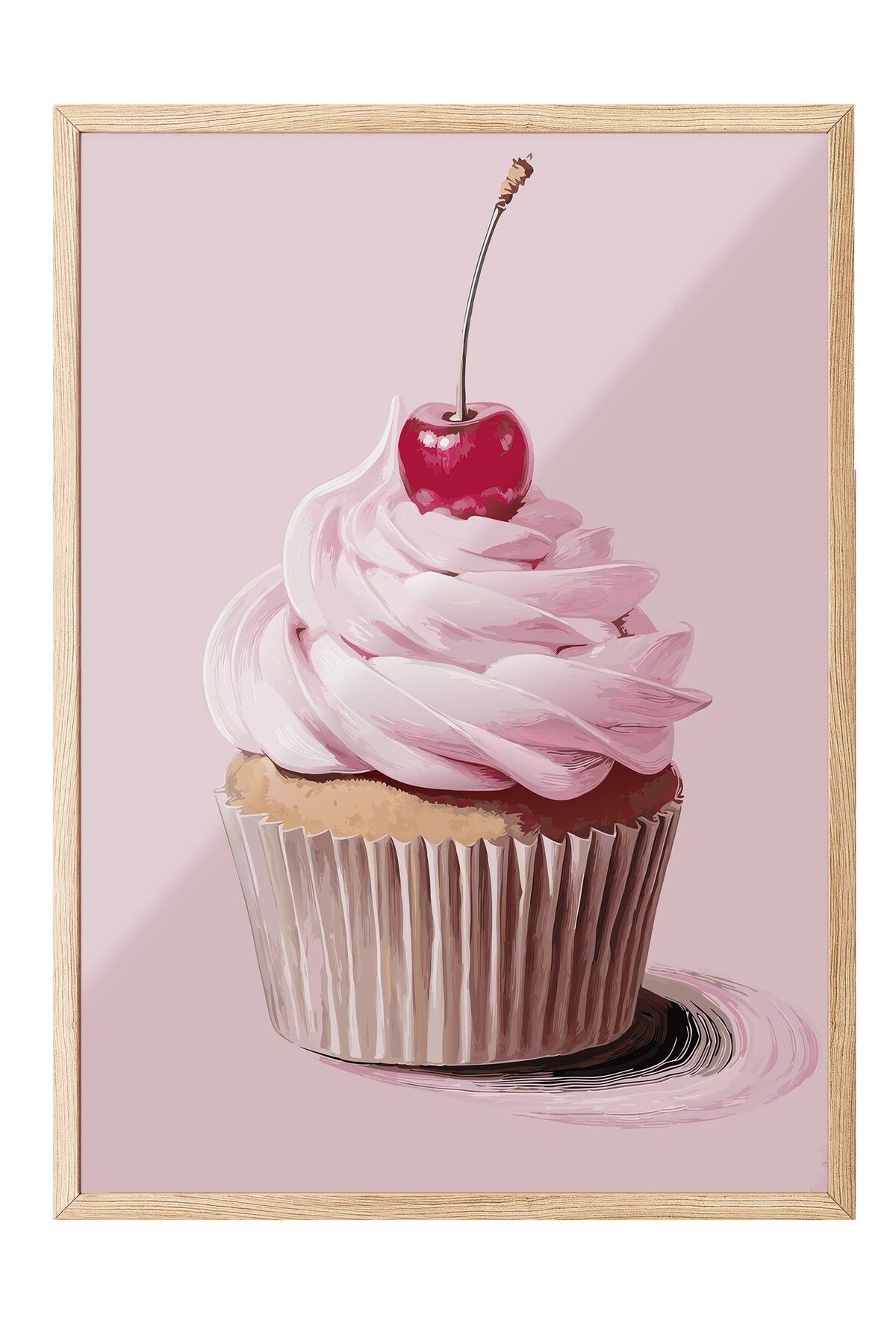 Postifull Ahşap Çerçeveli Tablo, Kek, Kiraz, illüstrasyon, Pembe, Pastel Tonlar Renk Poster, 2025 Yaz Seçkisi,
