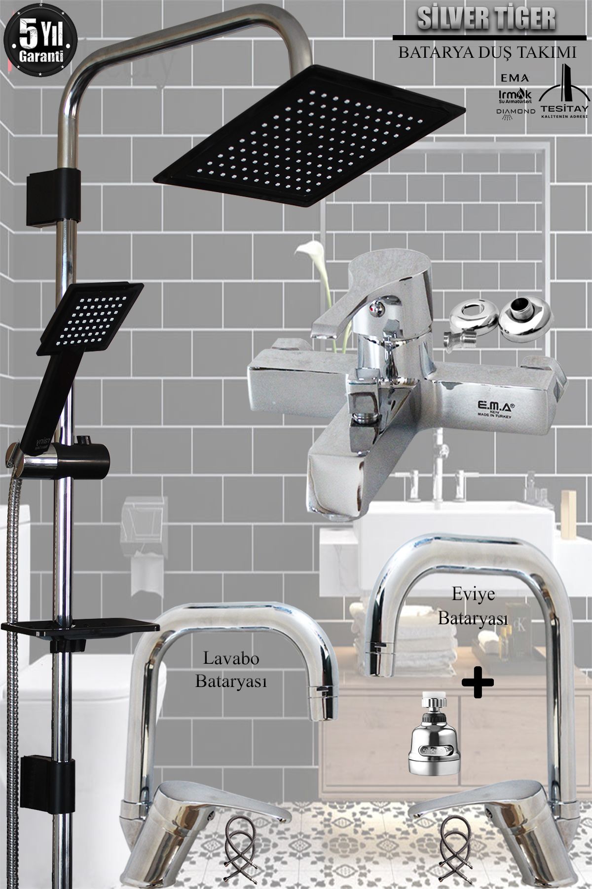LPD LİDER Robot Tepe Duş Seti Mutfak Banyo Lavabo Bataryası Set Siyah Beyaz Krom Gold
