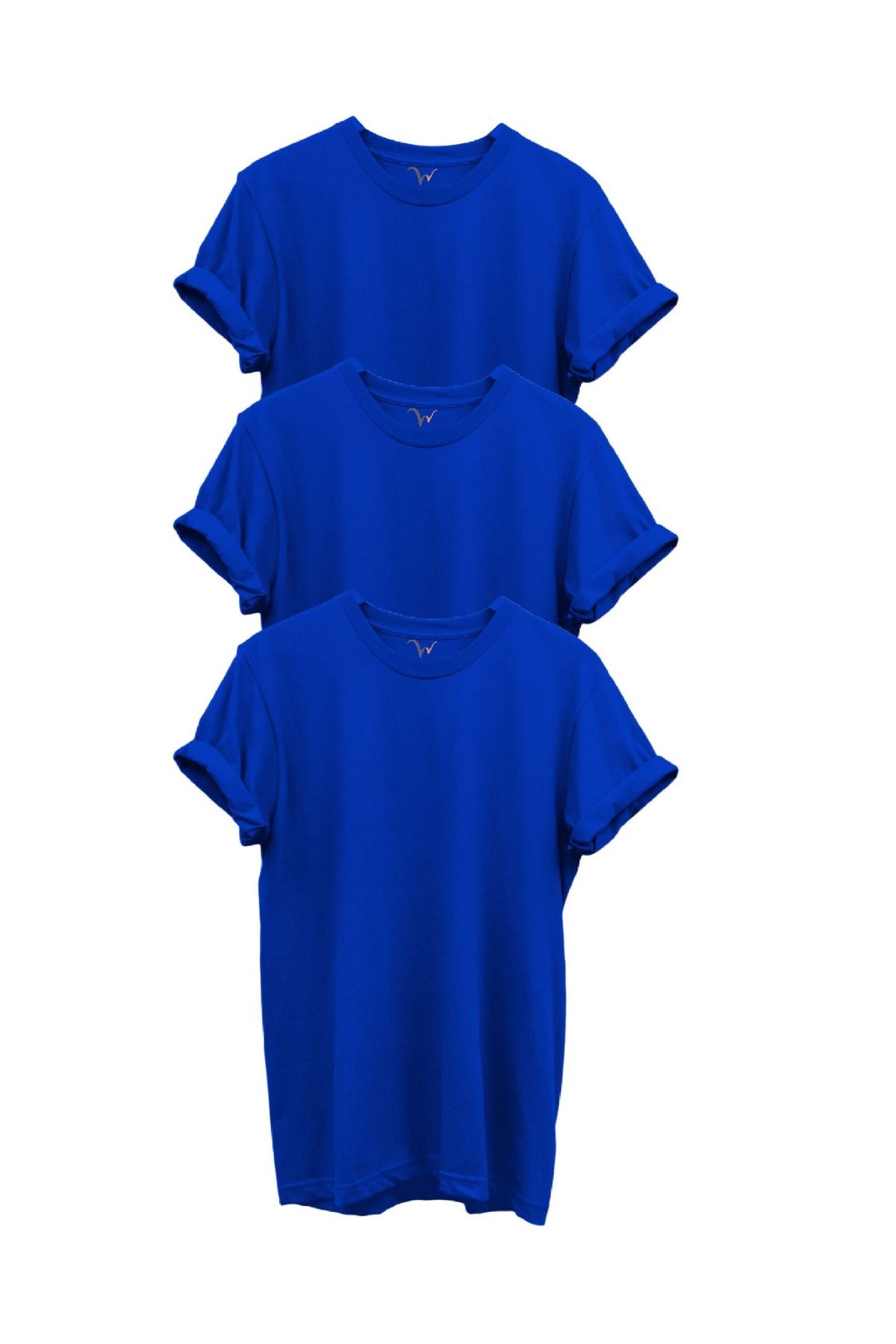 WİDİ 3'lü Saks Mavi %100 Pamuk Regular Fit Bisiklet Yaka Premium T-shirt