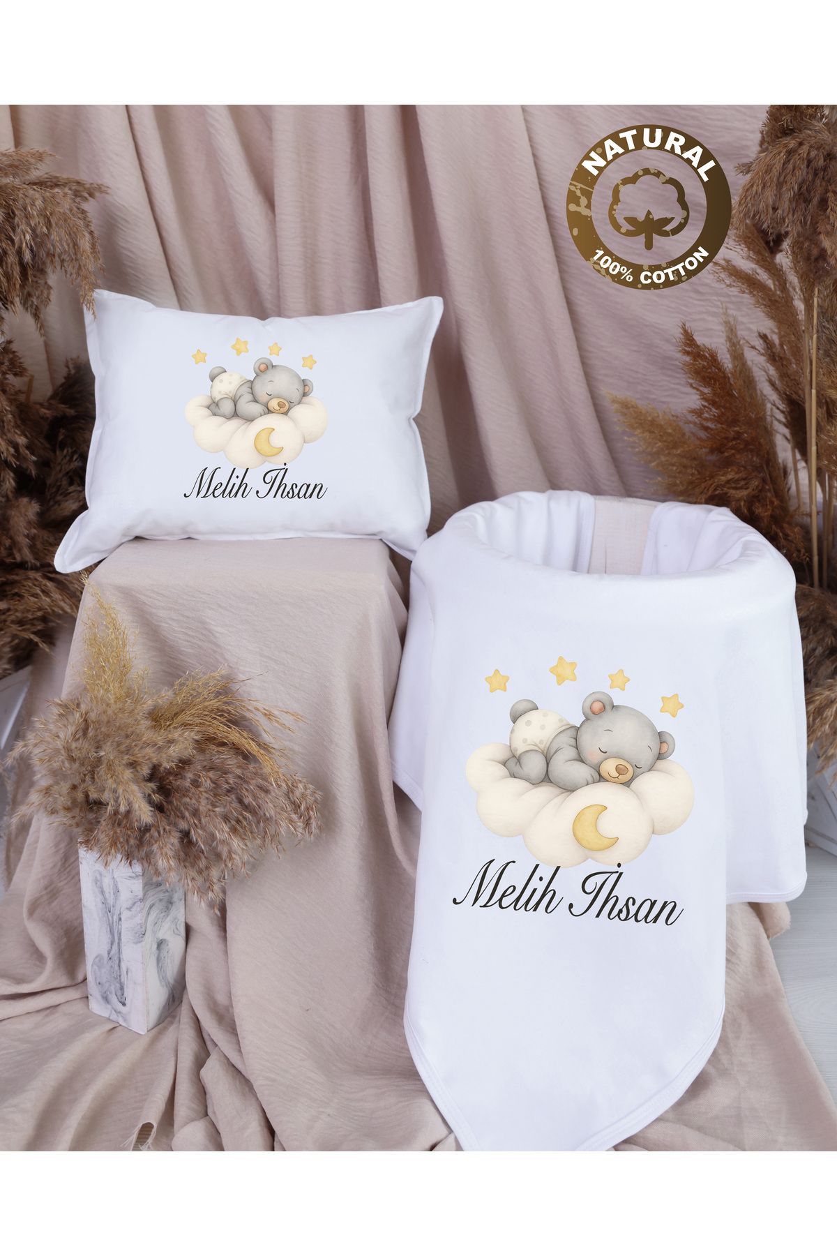yzc home size dair... R79 BY İsme özel İsimli Baskılı Bebek Hediyelik Battaniye Yastık Set %100 pmk