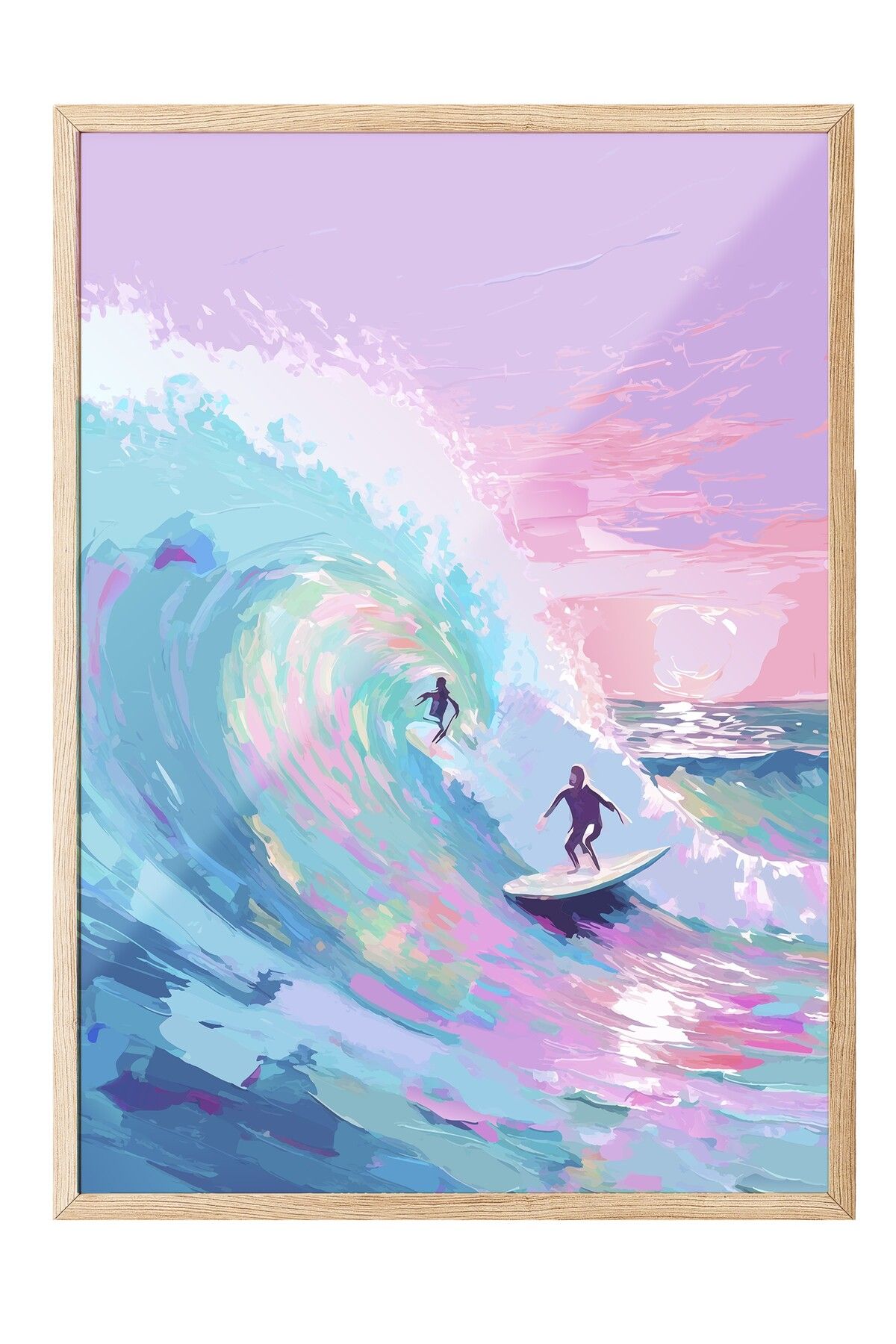 Postifull Ahşap Çerçeveli Tablo, Sörfçü, Dalga, Okyanus, illüstrasyon, Impressionist, Mavi, Pembe Renk Poster,