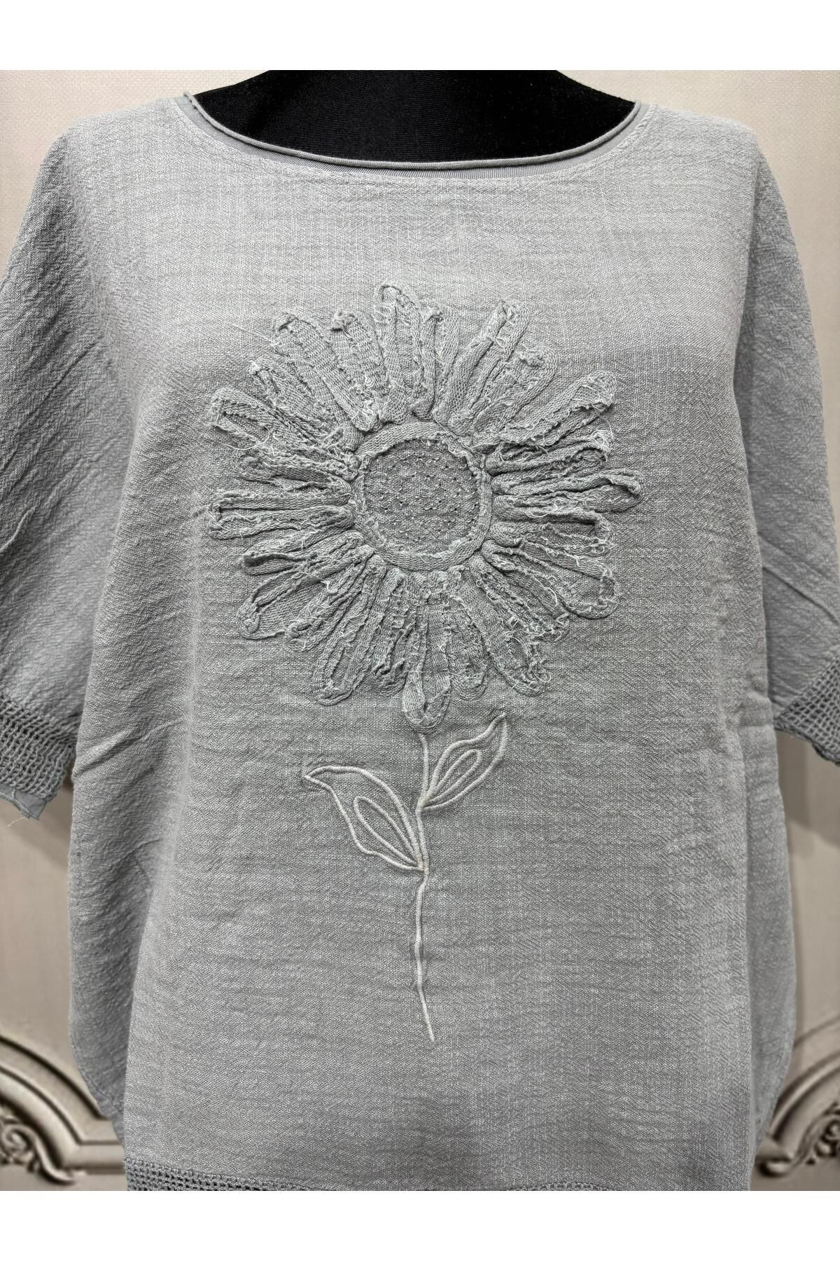 AGORATEKSTİL Kadın Oversize Kabartmalı Fileli %100 Keten Bluz