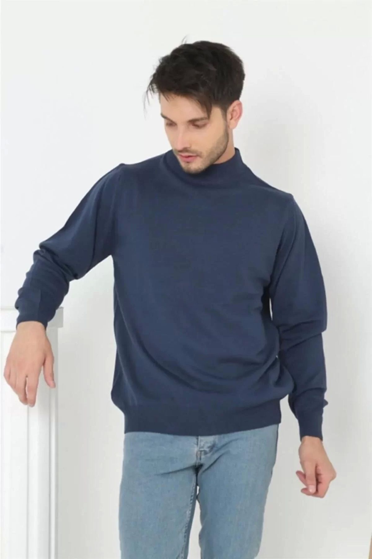 BÜŞRA TEZEL MODA Erkek Yarım Balıkçı Yaka Triko Kazak - İndigo