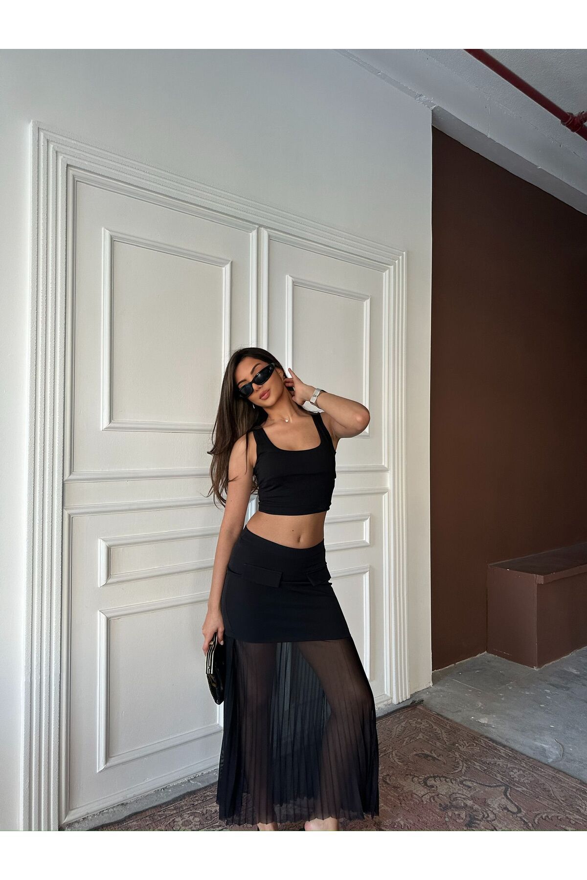 BelezaStore TRANSPARAN ETEK GECE TÜL YENİ SEZON CEP YÜKSEK BEL MINIMAL CİTY COOL ŞİFON DETAY
