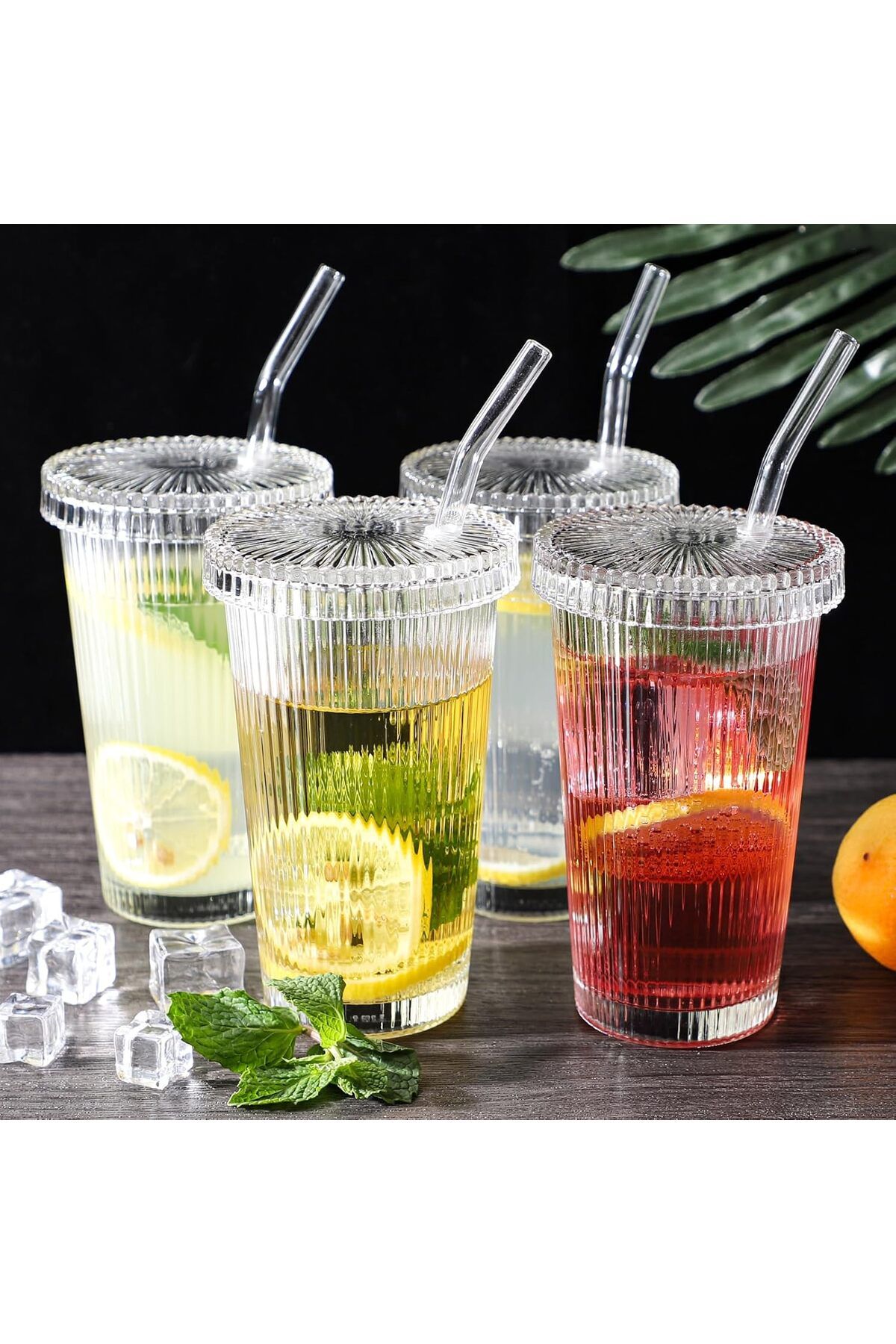 BERYA HOME 4 Adet Kapaklı Pipetli Origami Kahve Bardağı, Soğuk Kahve Bardağı, Mika Kahve Bardağı