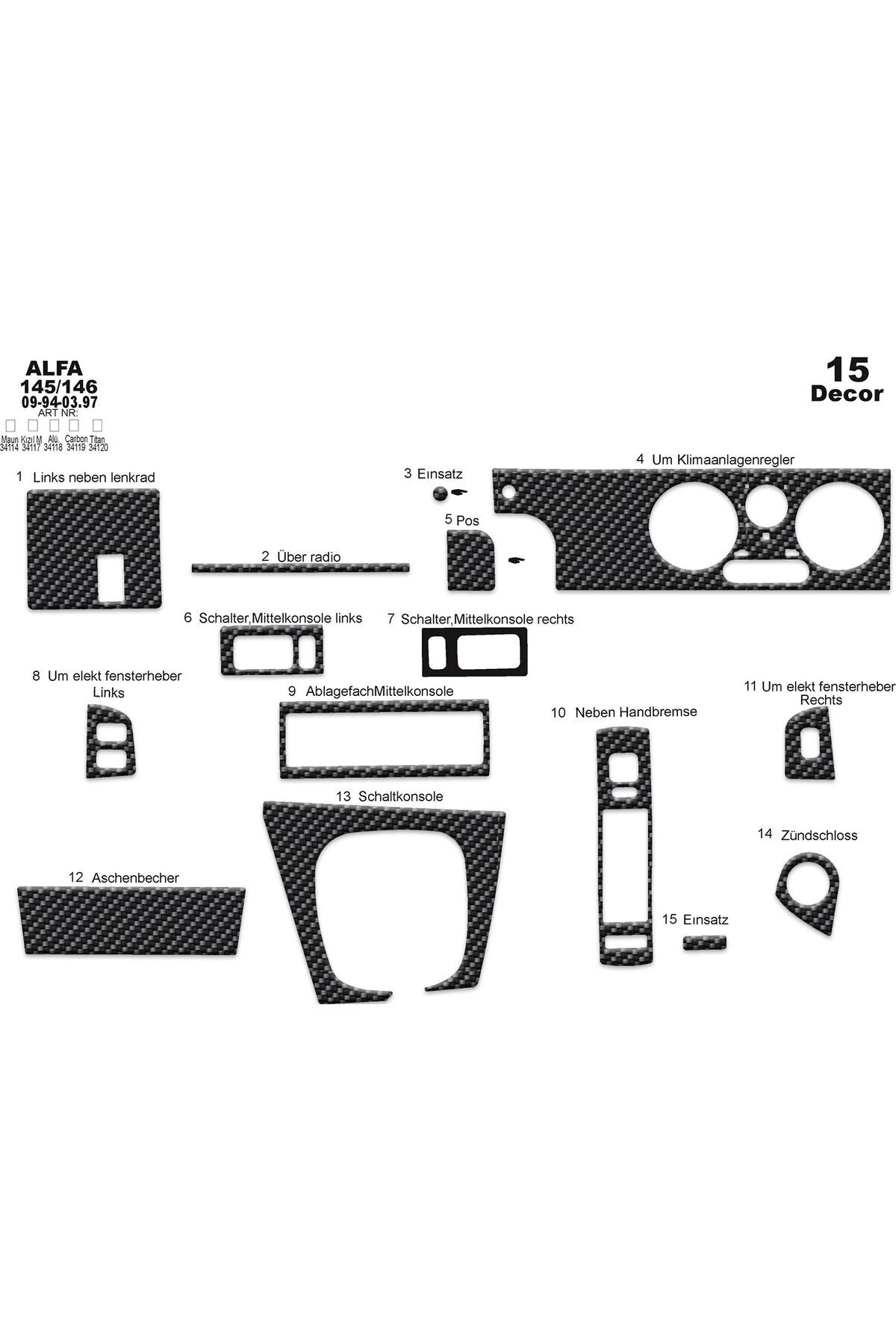 Marscockpitdesign Alfa 145/146 Konsol-Torpido Kaplama 1994-1997 15 Parça
