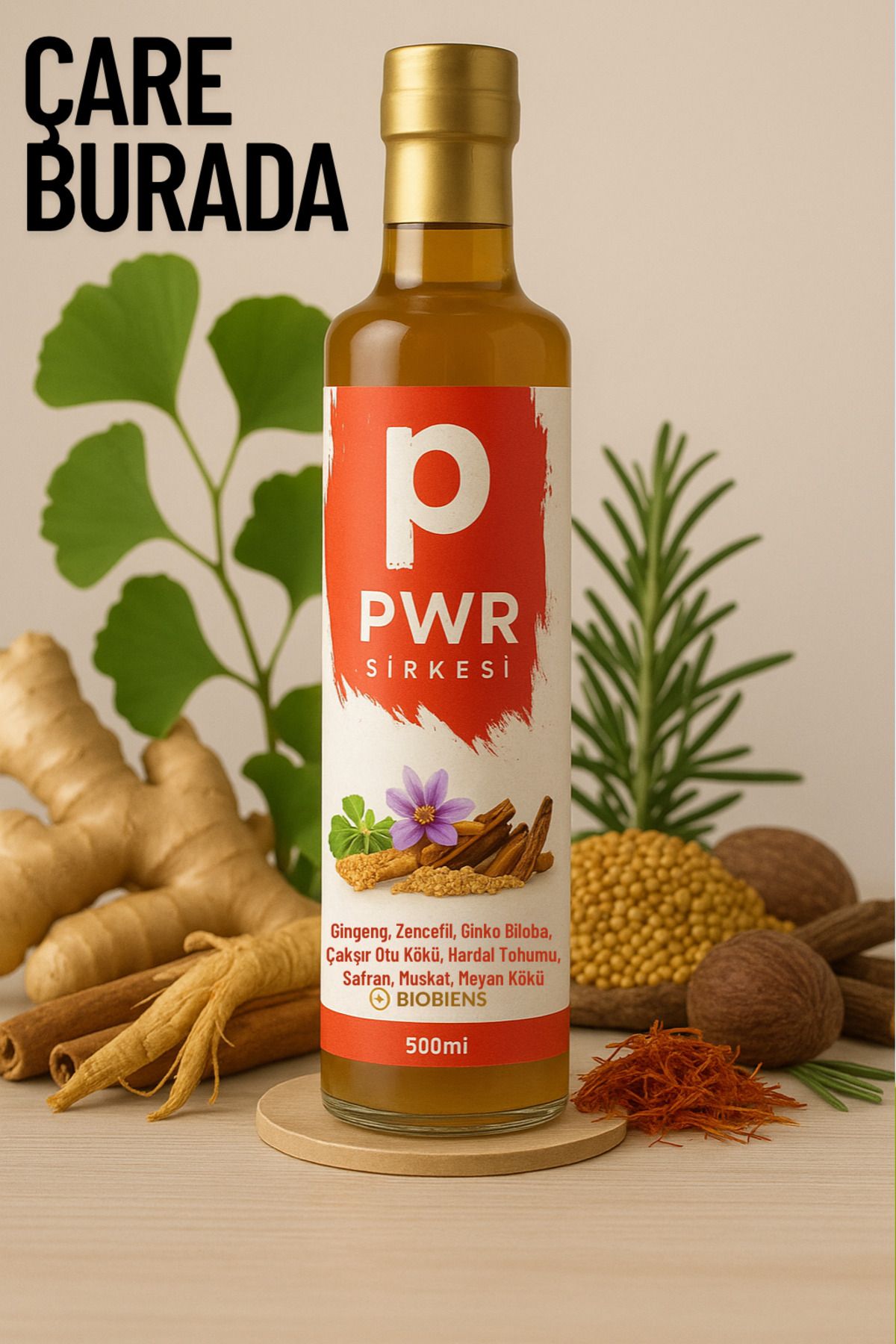 Çare Burada Ginseng & Meyan Kökü & Safran Sirkesi 500 ml (Muskat, Çakşır Otu Kökü, Ginko Biloba)