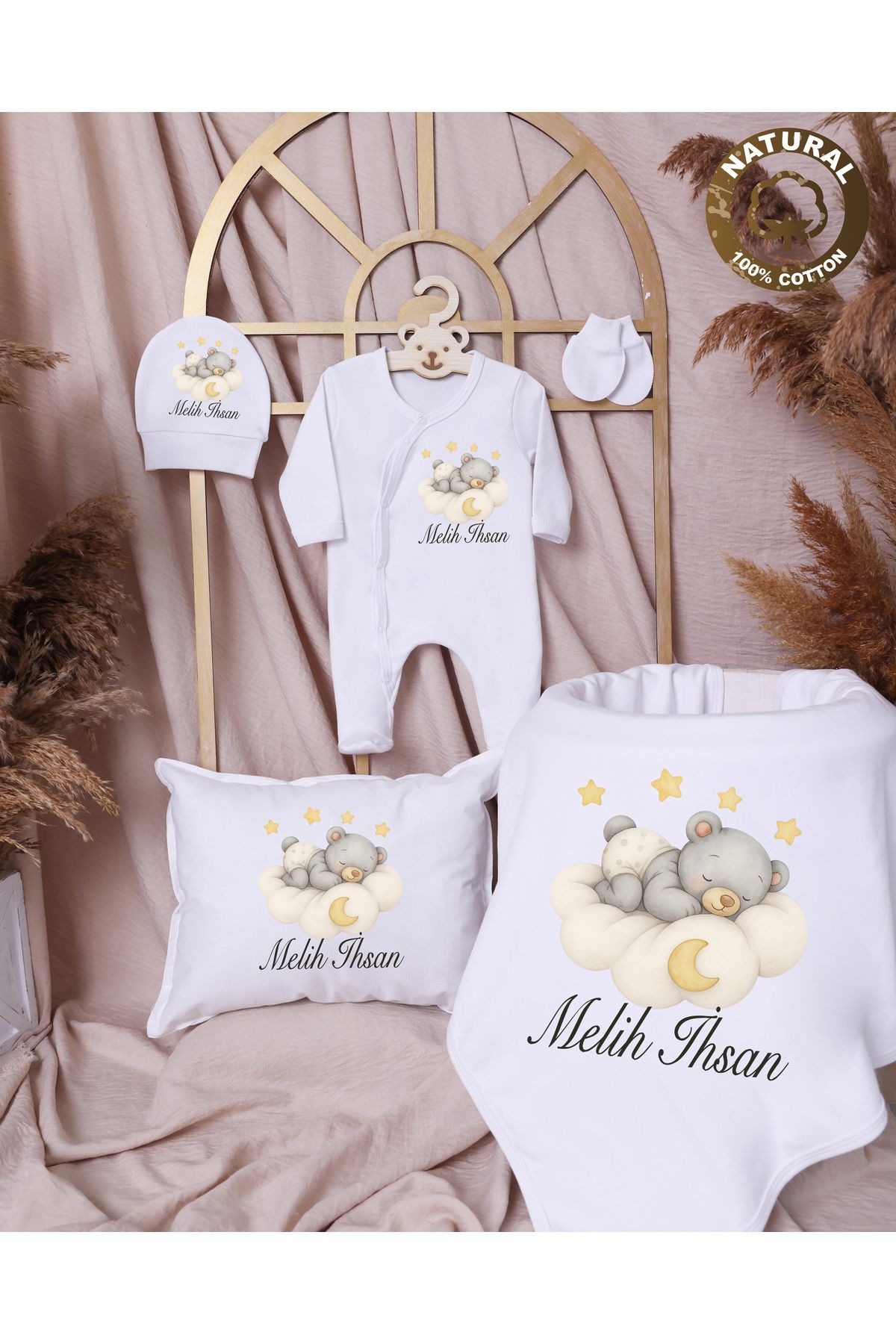 yzc home size dair... R79 BTY İsme özel İsimli Baskılı Bebek Hediyelik Battaniye Yastık Tulum Şapka Eldiven Set %100 Pmk